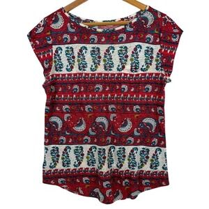 LOFT Linen Knit Top Womens Small Red Blue Floral Paisley Striped Cap Sleeve Tee